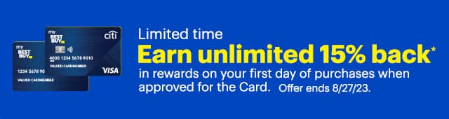 Earn unlimited 15% back in rewards on your first day of purchases when approved for the Card. Offer ends 8/27/2023. Reference disclaimer.