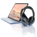 Laptop, headphones