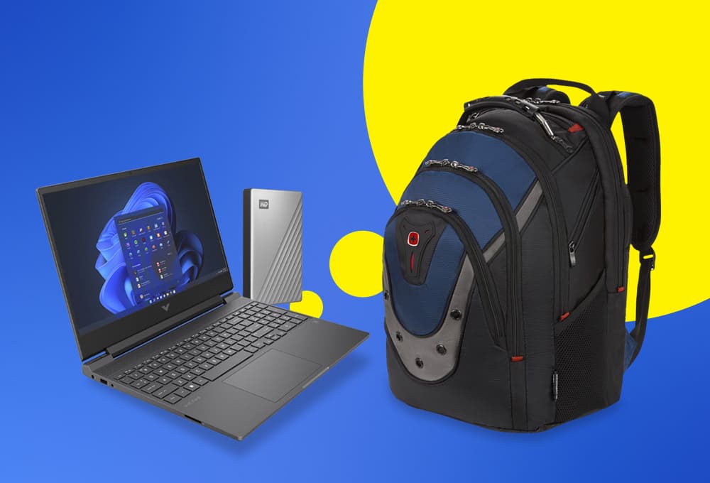 Laptop, hard drive, backpack