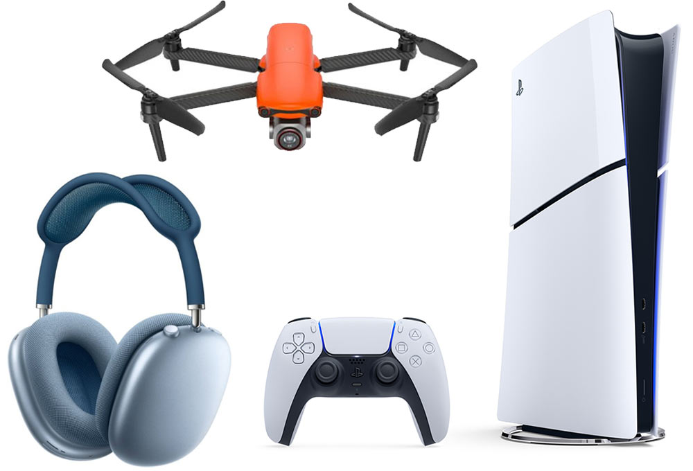 Headphones, gaming console, drone