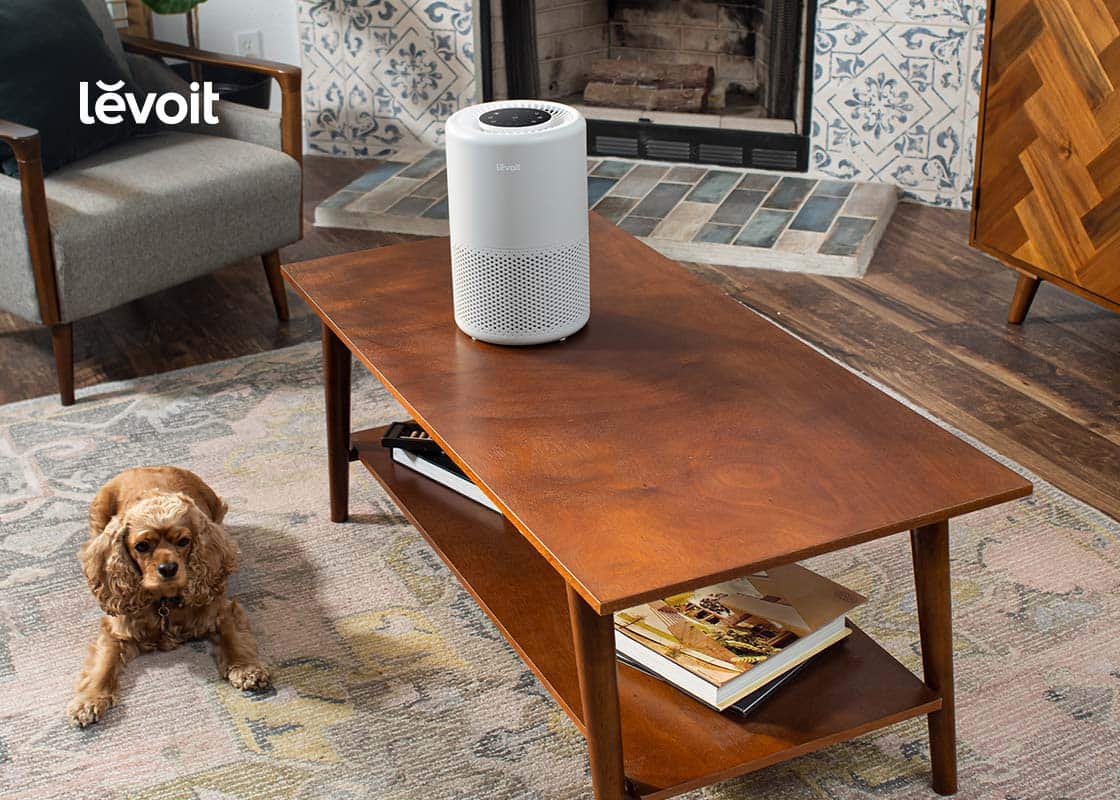Levoit Core 200S Smart Air Purifier sitting on table.		