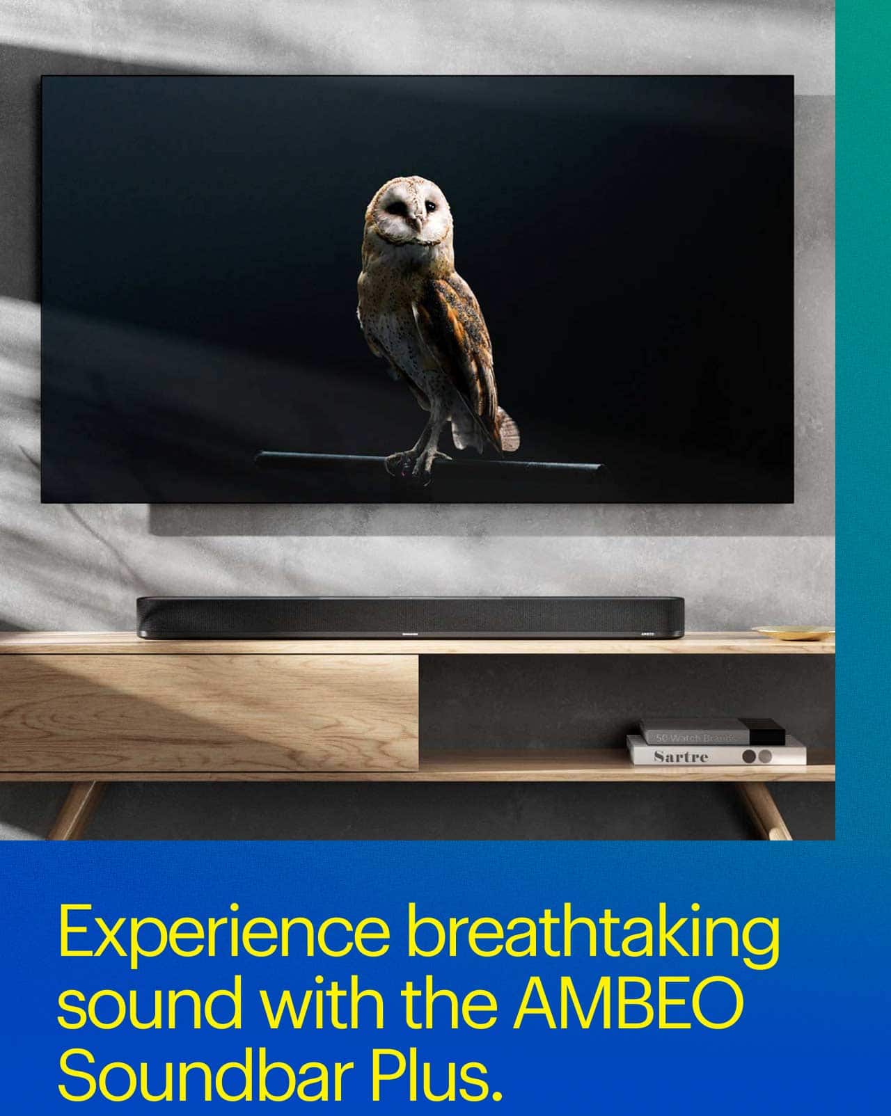 Headline: Experience breathtaking sound with the AMBEO Soundbar Plus.  AMBEO Soundbar Plus under TV showing an owl.