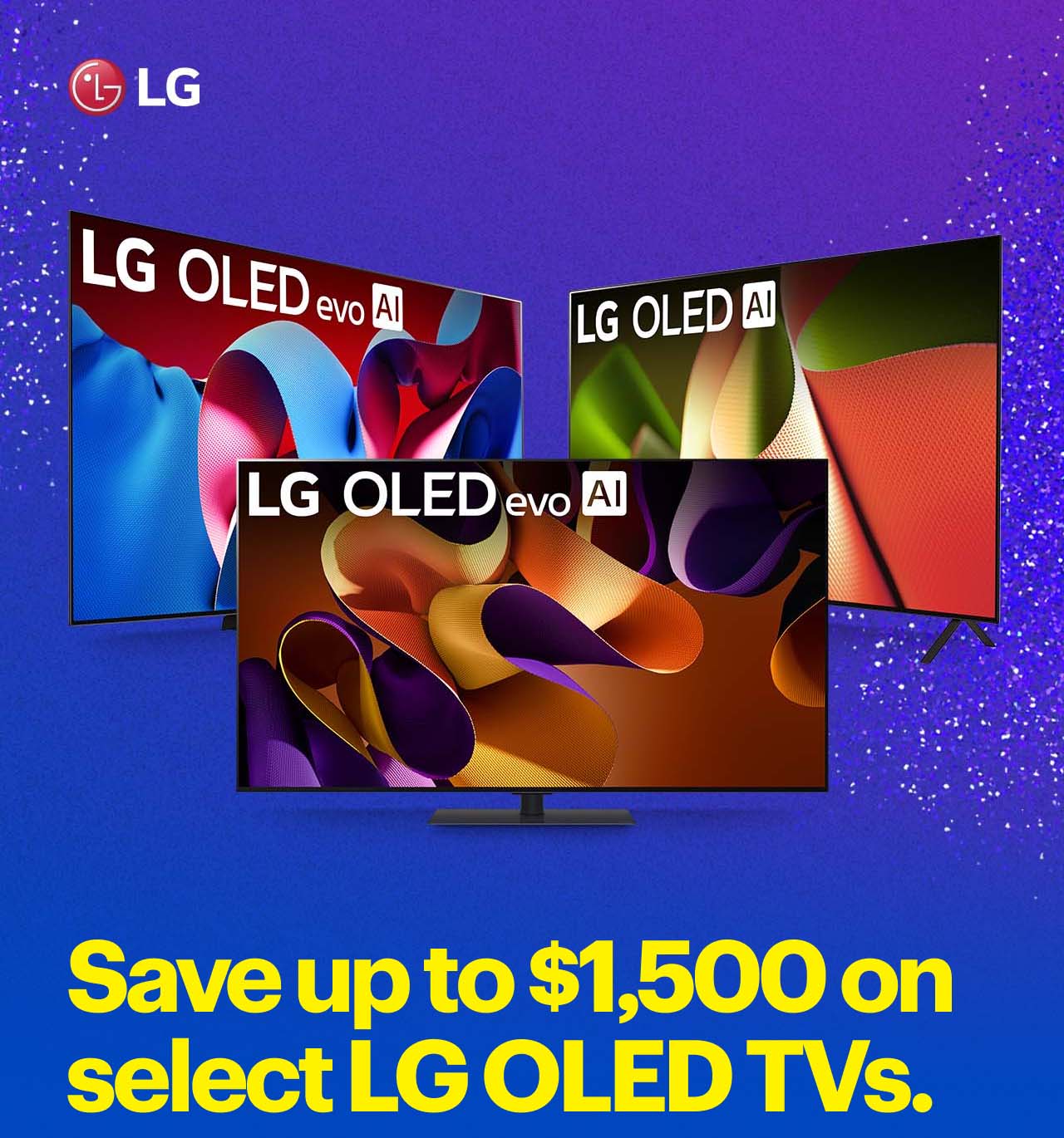 Save up to $1,500 on select LG OLED TVs.  LG OLED TVs with abstract displays.