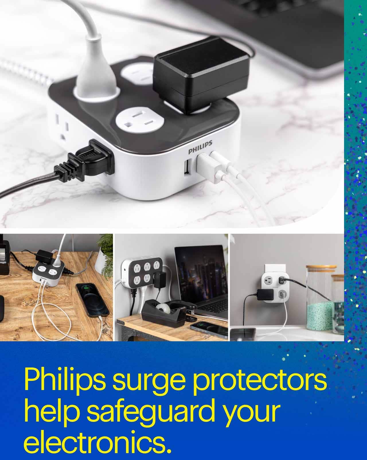 Philips surge protectors help safeguard your electronics.  Collage of Philip surge protectors in different areas of the house.