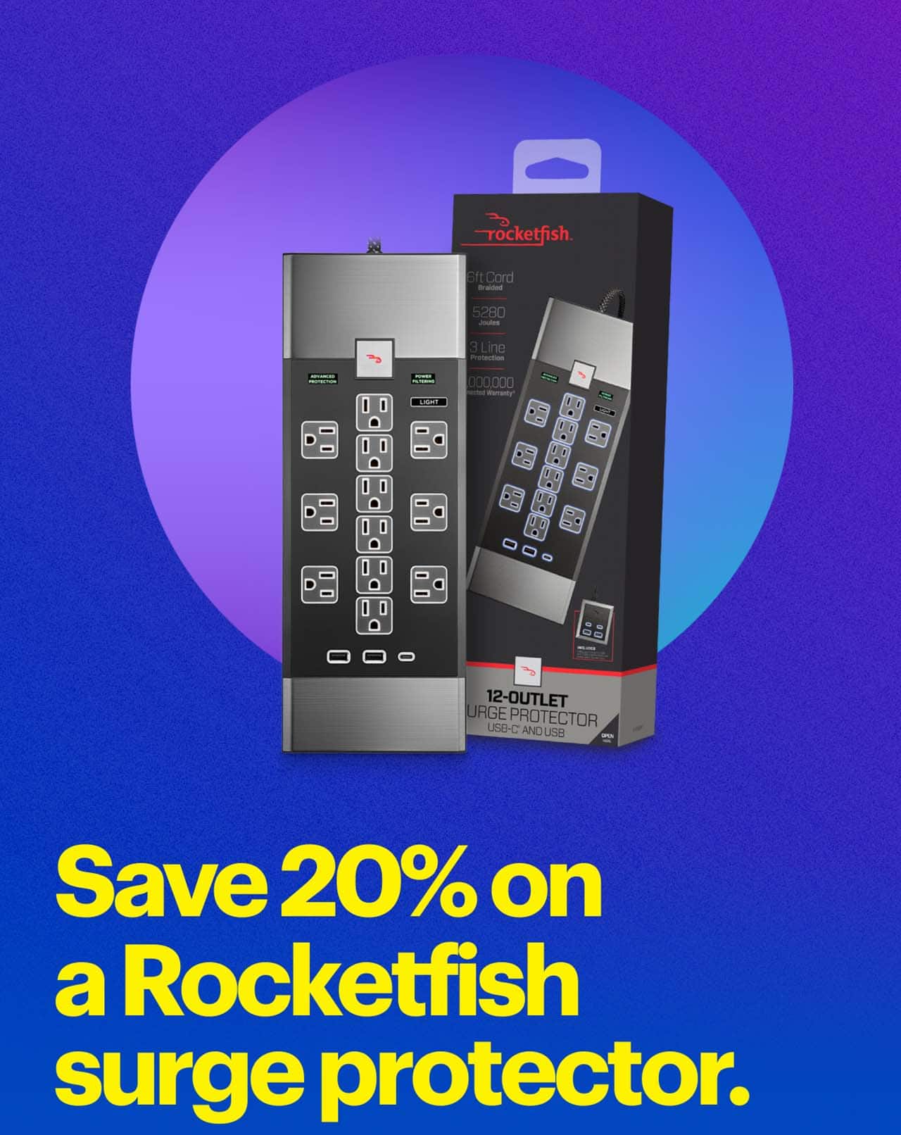 Save 20% on a Rocketfish surge protector.  Rocketfish surge protectors.