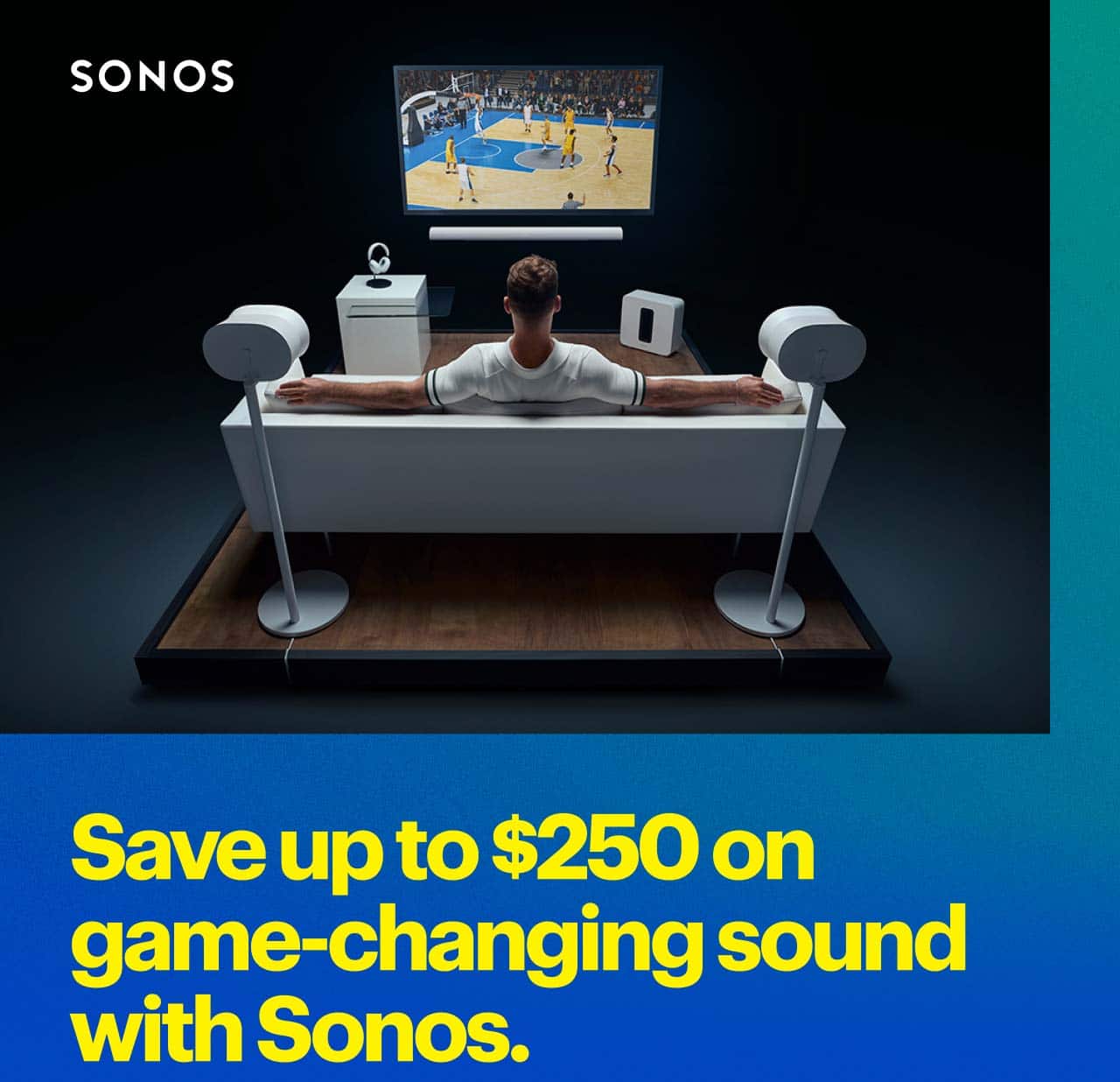 Save up to $250 on game-changing sound with Sonos.  Person watching TV with Sonos technology.