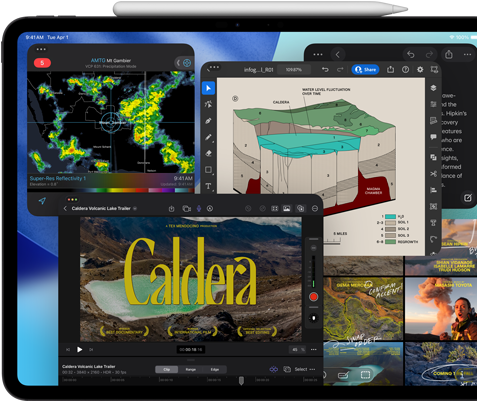 iPad Pro, front exterior, landscape orientation, space black color, Apple Pencil resting atop device, display showing multiple app windows tiled, including Final Cut Pro with multiple video editing features and timeline, Maps, Notes, and various media clips