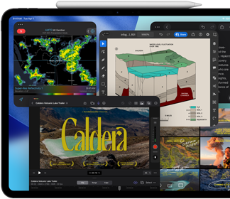 iPad Pro, front exterior, landscape orientation, space black color, Apple Pencil resting atop device, display showing multiple app windows tiled, including Final Cut Pro with multiple video editing features and timeline, Maps, Notes, and various media clips