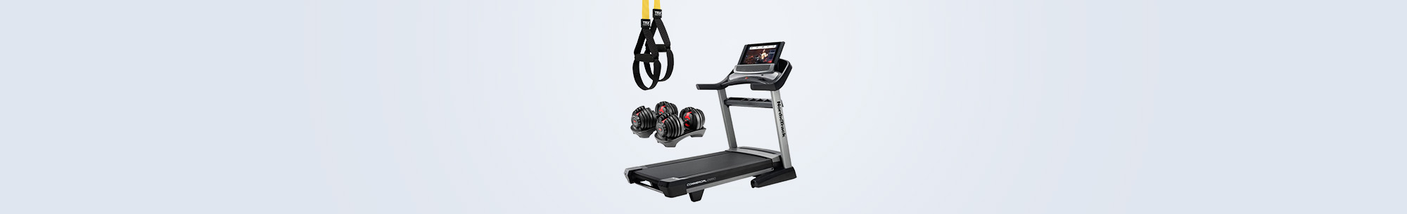 Treadmill, suspension trainer, dumbbells