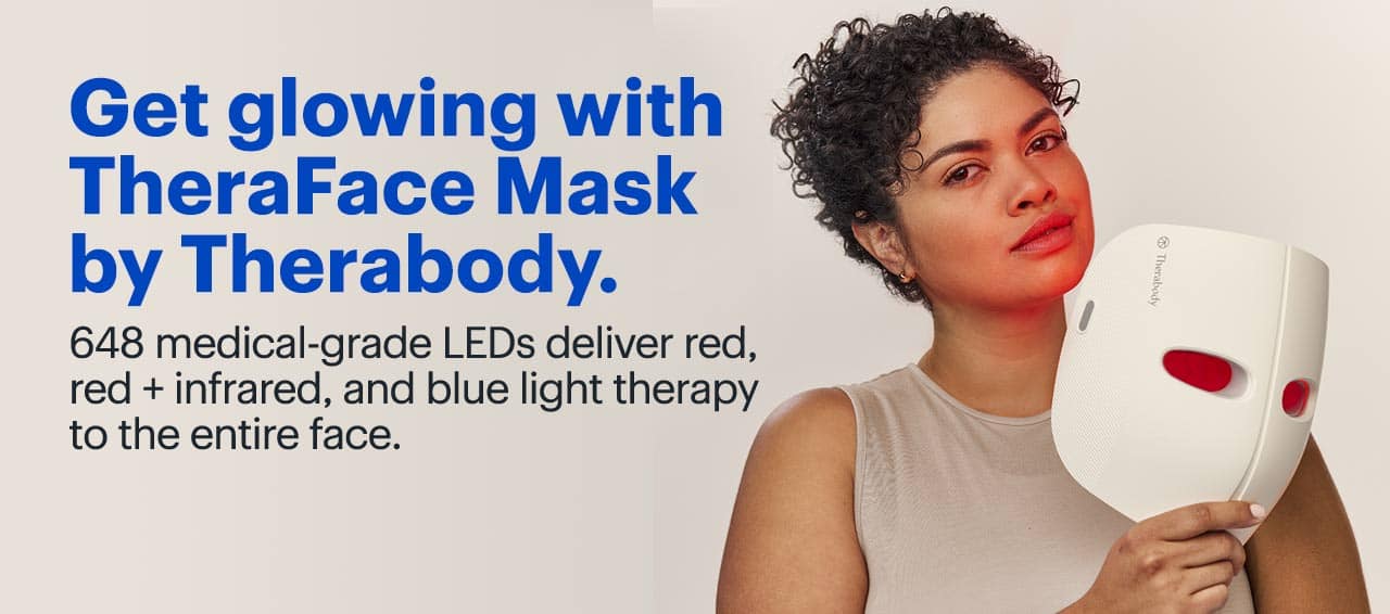 TheraFace Mask featuring LED light therapy and vibration massage. 648 medical-grade LEDs deliver red, red + infrared, and blue light therapy to the entire face.