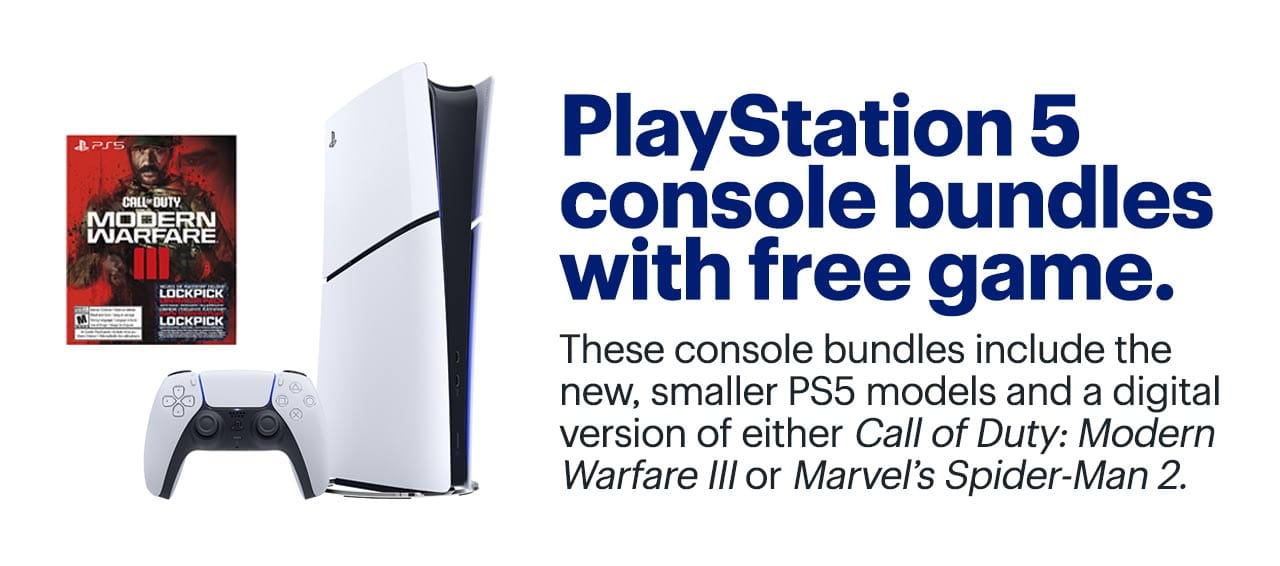 PlayStation 5 console bundles with free game. These console bundles include the new, smaller PS5 models and a digital version of either Call of Duty: Modern Warfare III or Marvel's Spider-Man 2.