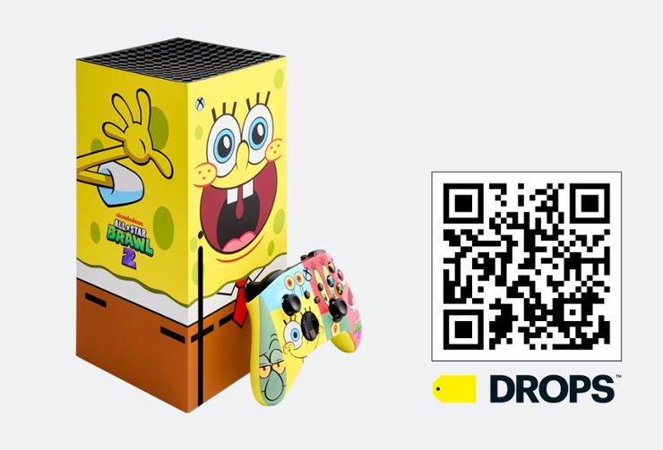 SpongeBob SquarePants themed video game console, controller, QR code