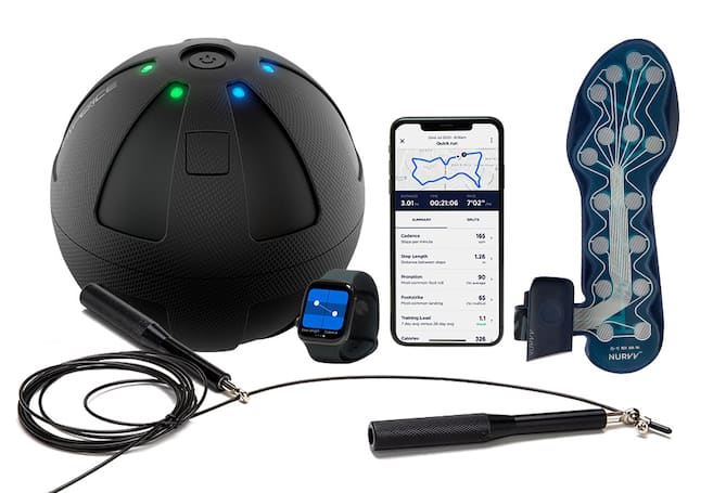 Jump rope, in-sole activity tracker, massage ball