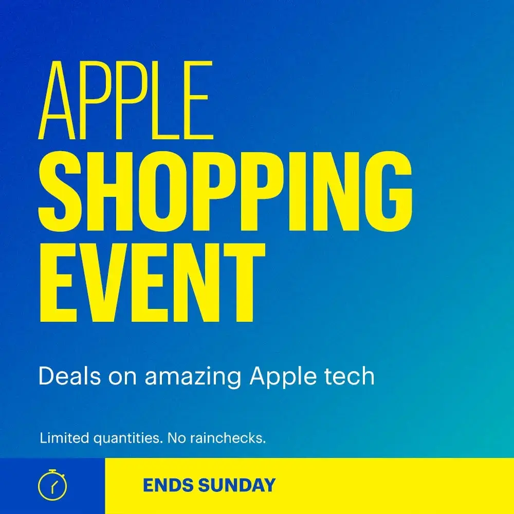 Apple Shopping Event. Ends Sunday. Deals on amazing Apple tech. Shop now. Limited quantities. No rainchecks. 