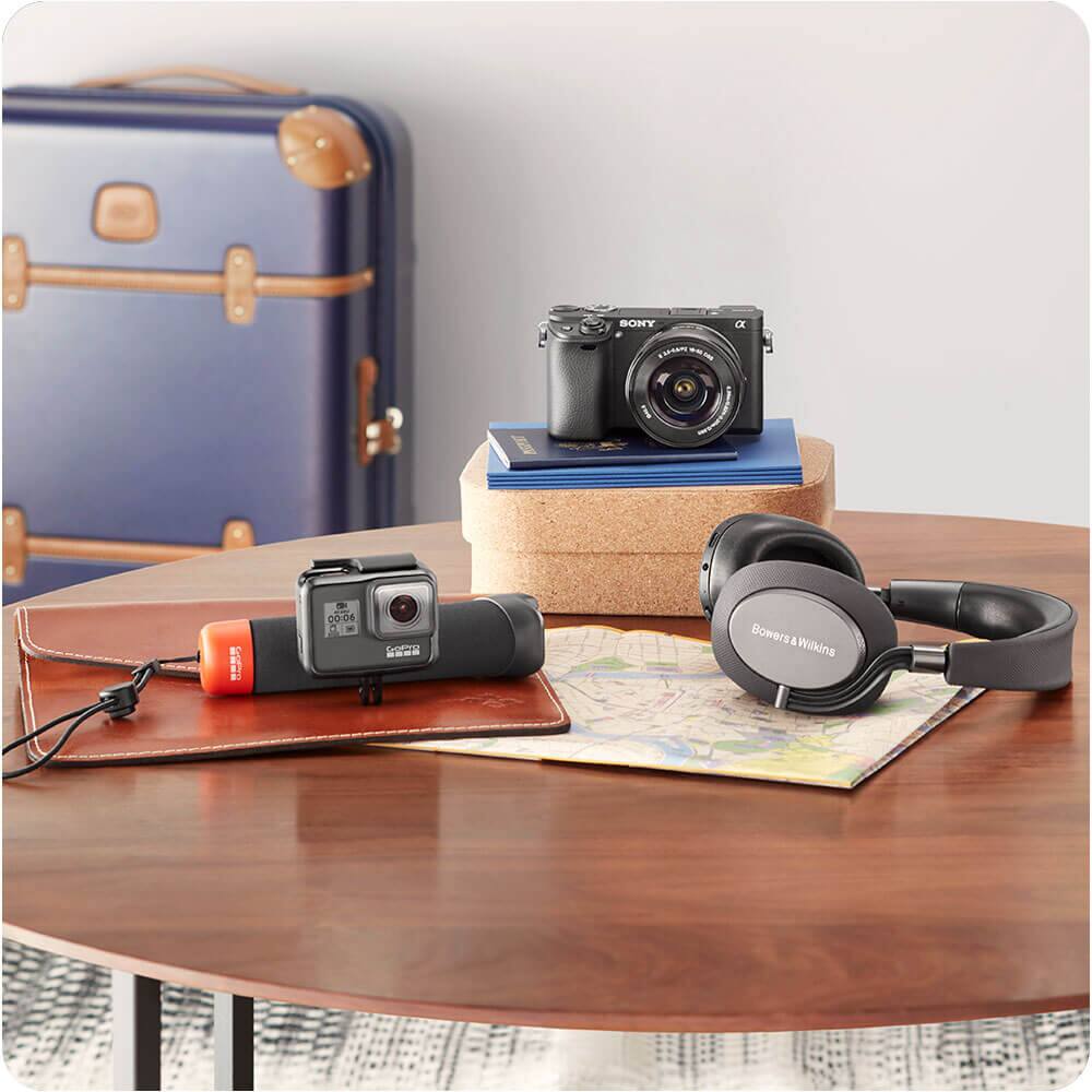 Table with cameras and headphones