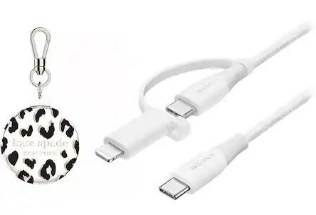 Keychain airtag holder, USB-C cable with Lightning adapter
