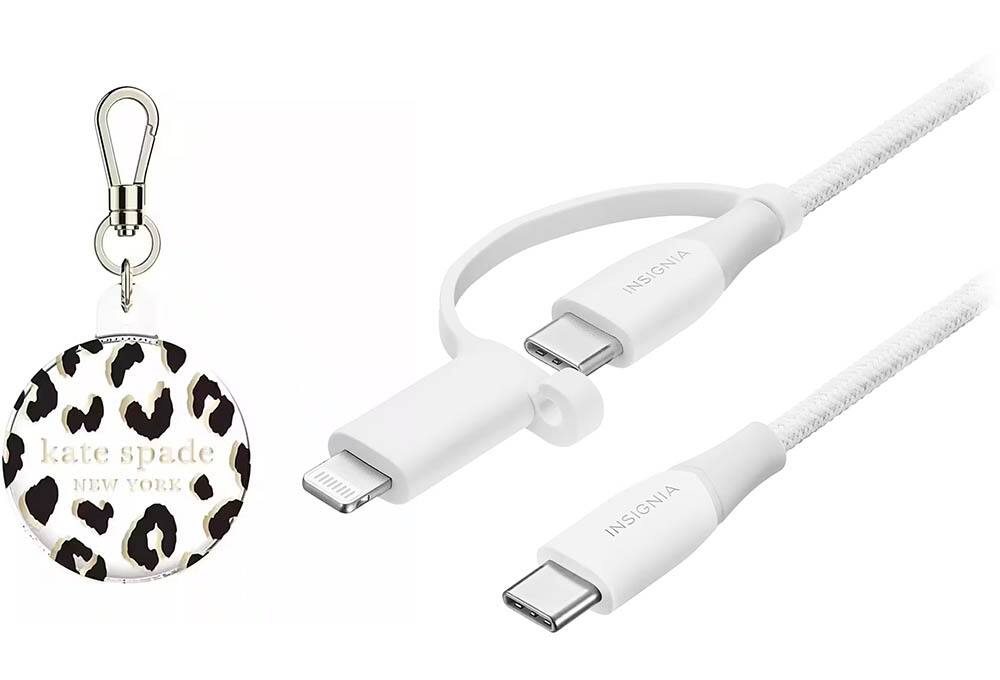 Keychain airtag holder, USB-C cable with Lightning adapter