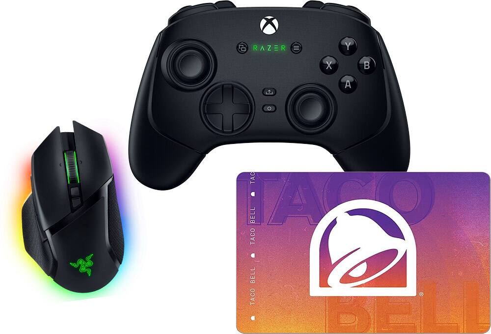 Taco Bell gift card, gaming controller and computer mouse