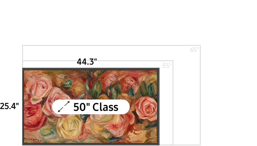 50 inch class TV measuring 25.4 inches high and 44.3 inches wide