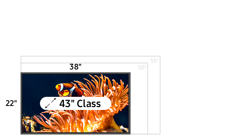 43 inch class TV measuring 22 inches high and 38 inches wide