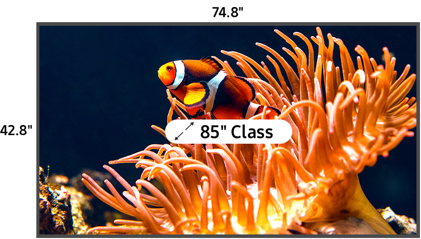 85 inch class TV measuring 42.8 inches high and 74.8 inches wide