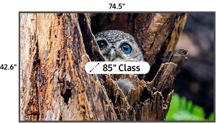 85 inch class TV measuring 42.6 inches high and 74.5 inches wide