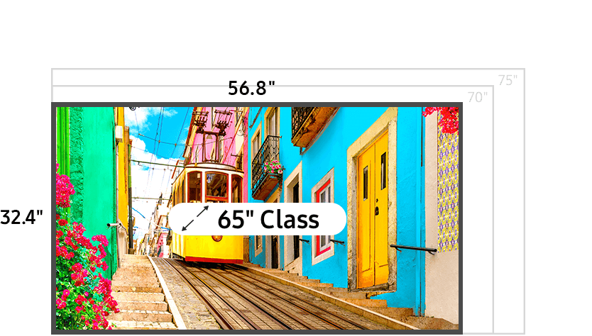 65 inch class TV measuring 32.3 inches high and 56.4 inches wide