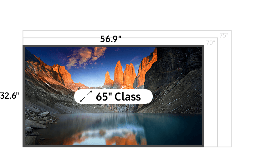 65 inch class TV measuring 32.6 inches high and 56.9 inches wide