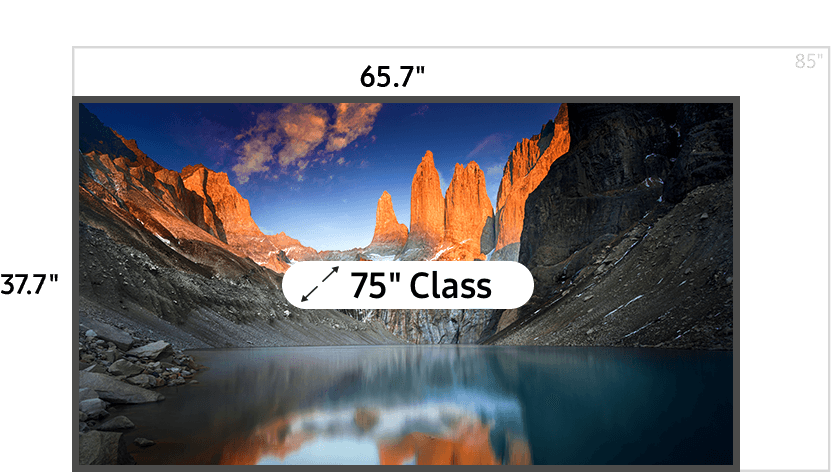 75 inch class TV measuring 37.7 inches high and 65.7 inches wide