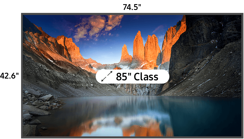 85 inch class TV measuring 42.6 inches high and 74.5 inches wide
