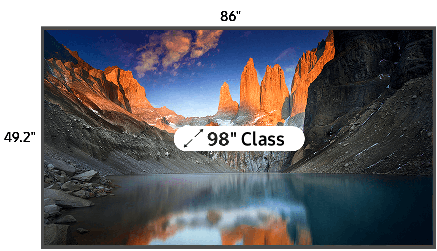 98 inch class TV measuring 49.2 inches high and 86 inches wide