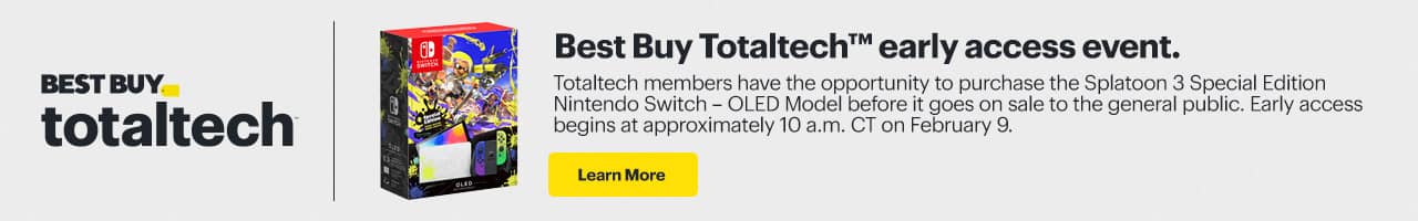 Best Buy Total Tech. Best Buy Totaltech™ early access event. Totaltech members have the opportunity to purchase the Splatoon 3 Special Edition Nintendo Switch – OLED Model before it goes on sale to the general public. Early access begins at approximately 10 a.m. CT on February 9.