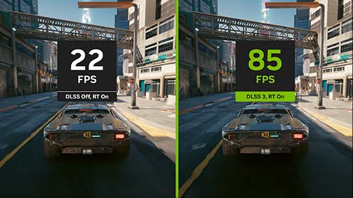 Image comparison, 22 FPS with DLSS off and RT on, versus 85 FPS with DLSS 3 and RT on