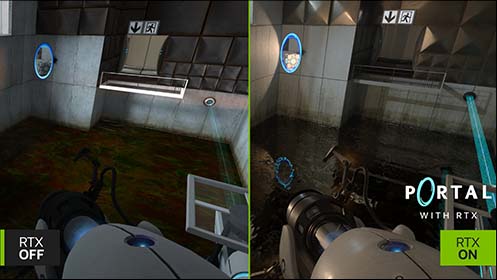 Image comparison, RTX off versus RTX on in the game Portal with RTX