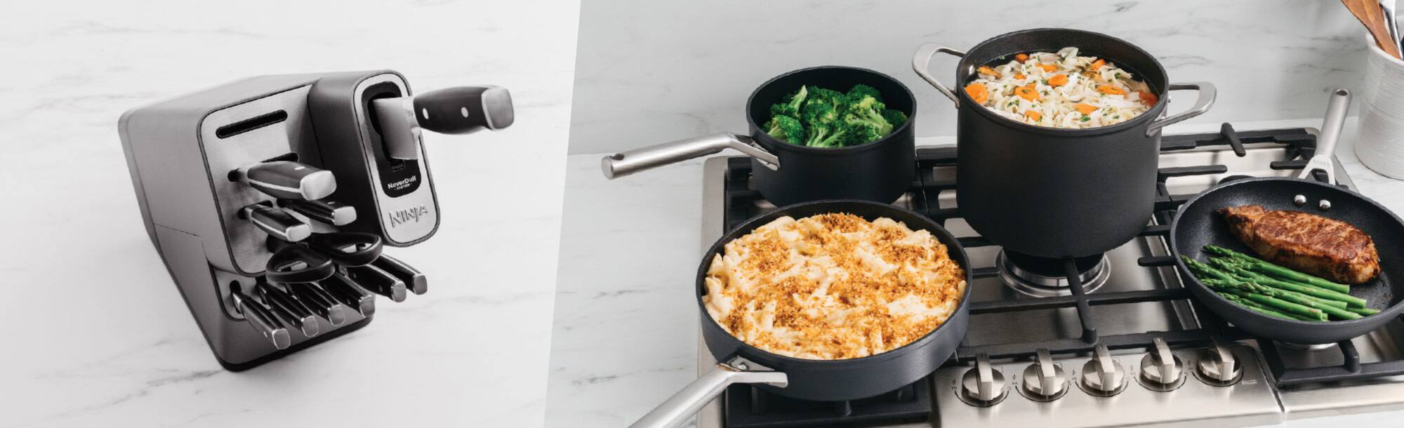 Cutlery set, stovetop with pots and pans filled with food