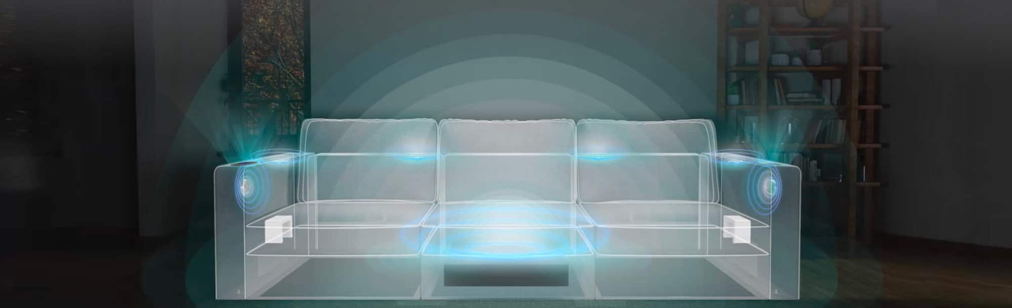 Couch in living room with embedded speakers accented