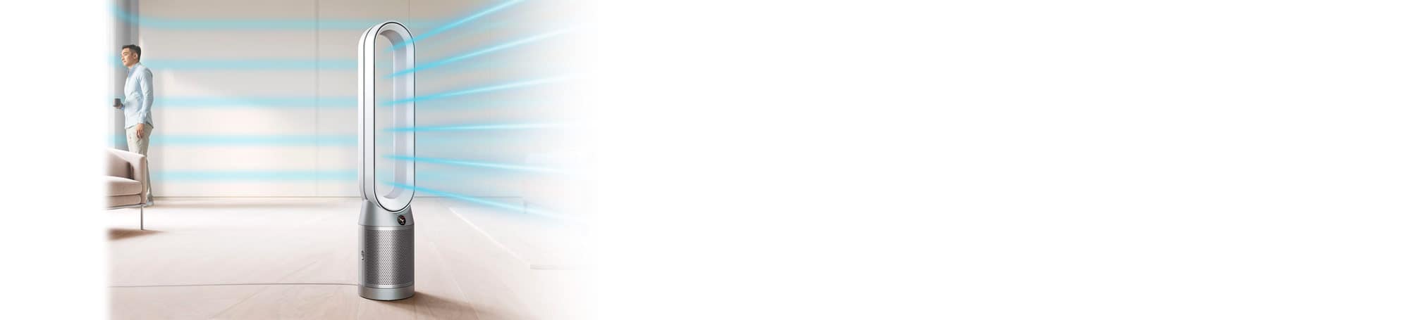 Air purifier with blue air current lines, person standing in living room