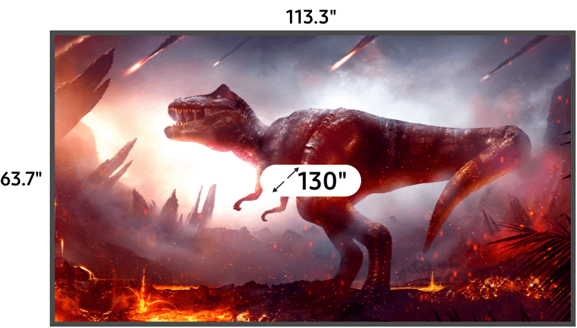 130 inch projector measuring 63.7 inches high and 113.3 inches wide