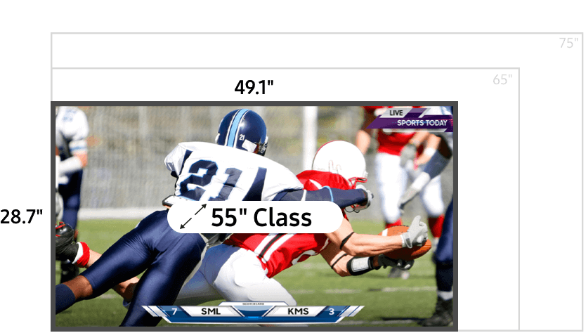 55 inch class TV measuring 28.7 inches high and 49.1 inches wide
