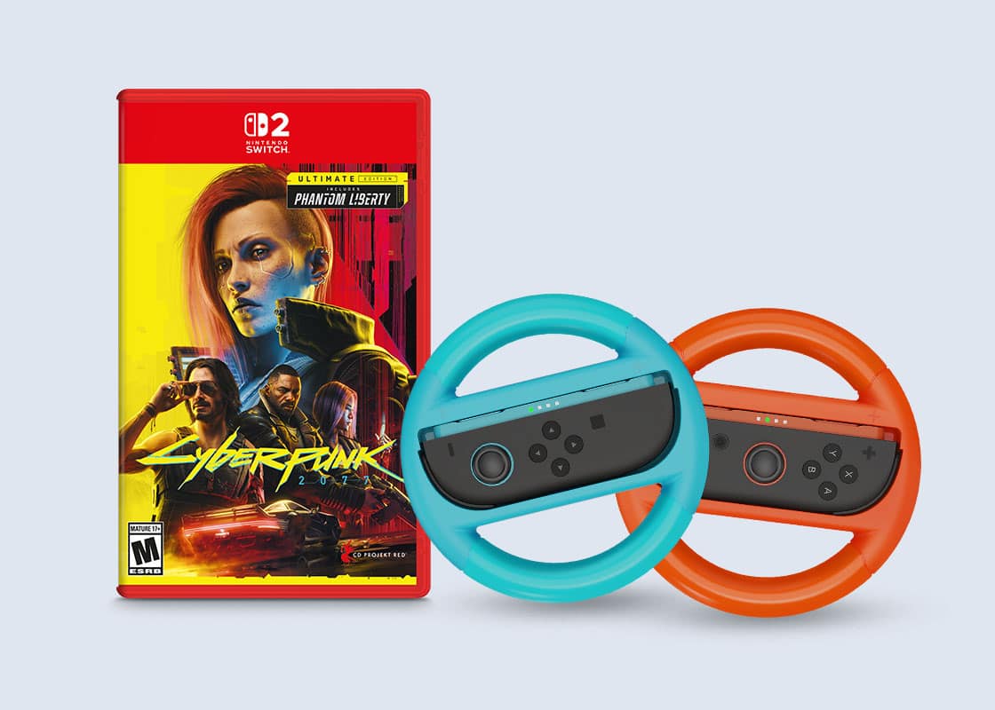 Cyberpunk 2077: Ultimate Edition and NEXT Universal Joy-Con 2 and Joy-Con Racing Wheels.