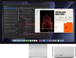 Studio Display XDR, screen shows document in process in Claude Agent in XCode, Mac Studio, front view