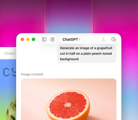 MacBook Neo screen, using ChatGPT to generate image of grapefruit, second window shows image of artichoke on gradient background in Keynote
