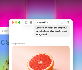 MacBook Neo screen, using ChatGPT to generate image of grapefruit, second window shows image of artichoke on gradient background in Keynote