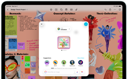 iPad Air, front exterior, landscape orientation, volume-up button, volume-down button, power button, screen displays a colorful app interface with various icons