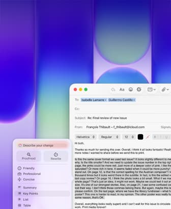 MacBook Neo screen, using Apple Intelligence Writing Tools in Mail to revise a long paragraph in an email containing feedback on a publication