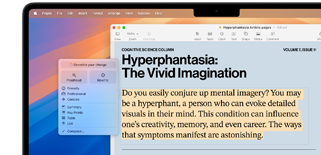 Using the Apple Intelligence Writing Tools editing and summary options for a science article on hyperphantasia in the Pages app on MacBook Pro