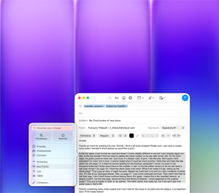 MacBook Neo screen, using Apple Intelligence Writing Tools in Mail to revise a long paragraph in an email containing feedback on a publication