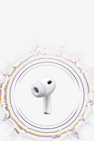 AirPods Pro 3 wireless earbud with silicone tip surrounded by circular sound ripple