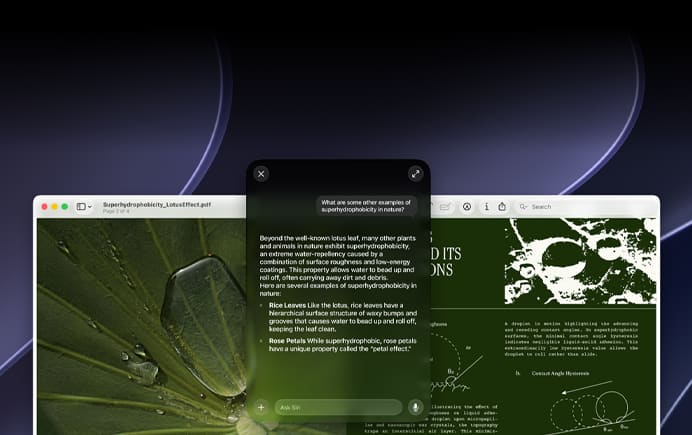 Siri and Visual Intelligence demo, user query for a topic in a PDF on a Mac screen, What are some other examples of superhydrophobicity in nature?, Siri response
