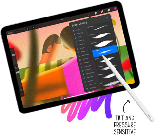 Apple Pencil selecting brush style from Brush Library on iPad. Annotation pointing to Apple Pencil reading “Tilt and pressure sensitive”
